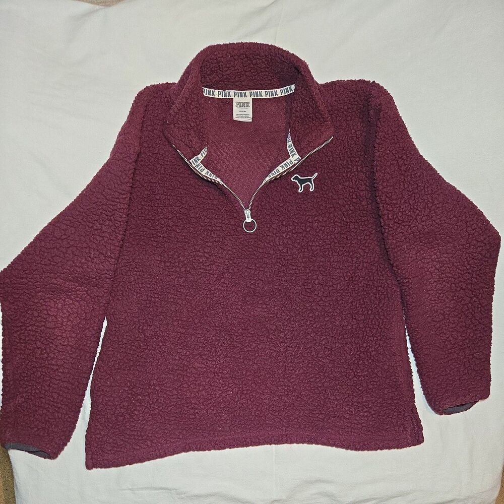 Victoria’s Secret PINK 1/4 Zip Boyfriend Sherpa Fleece Sweater Maroon SZ. Medium